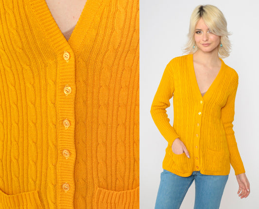 70s Tangerine Cable Knit Cardigan V Neck Button Up Orange Small