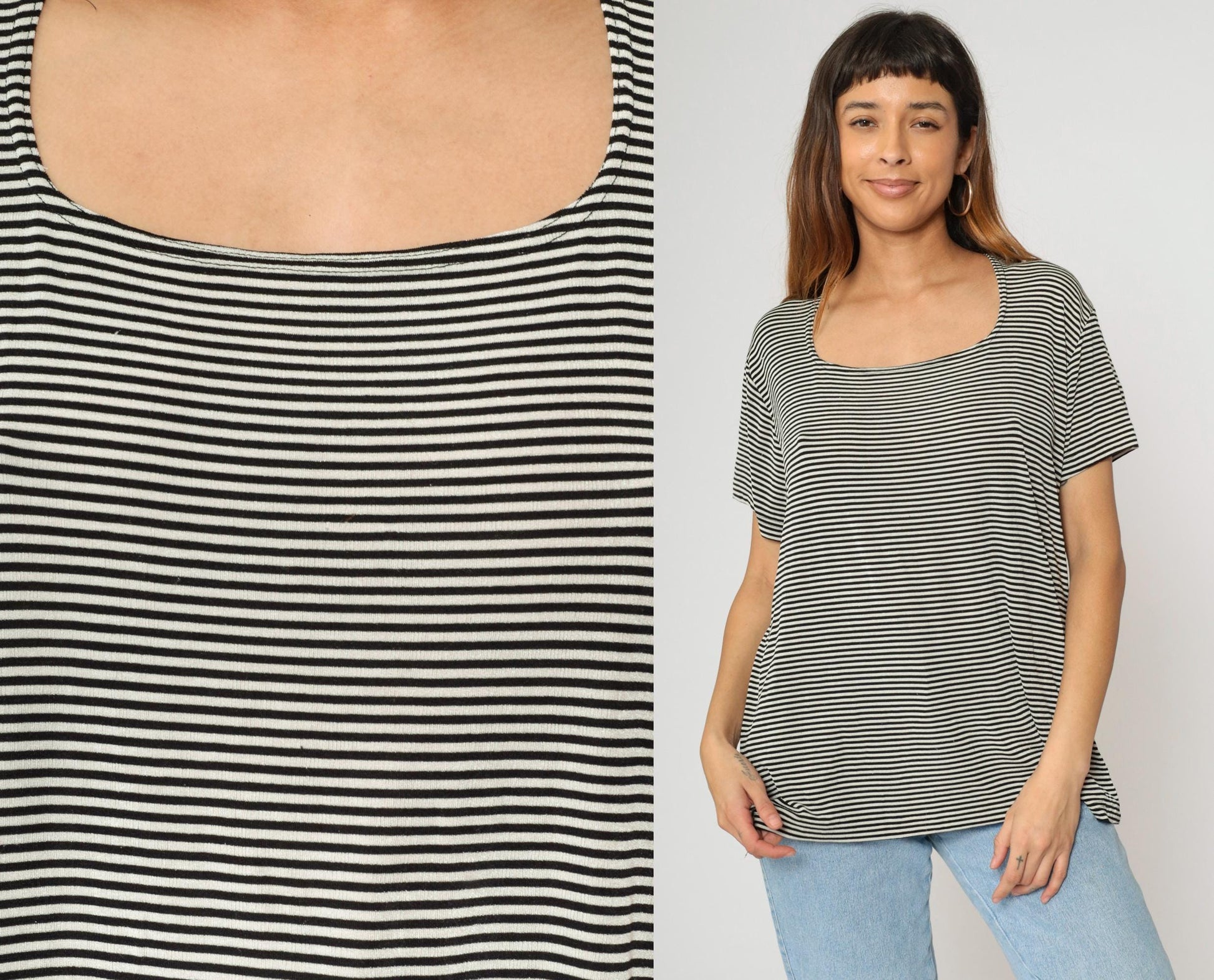 90s Black White Striped Scoop Neck Top Short Sleeve Plus Size XXL