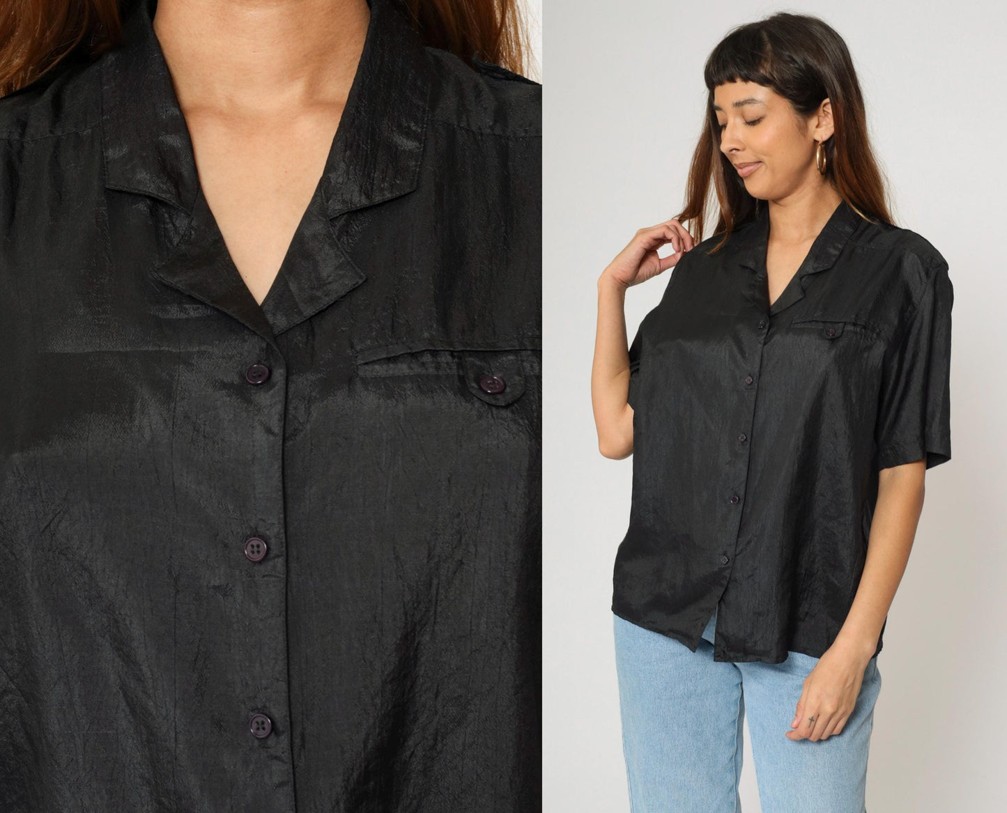 90s Black Polyester Button-Up Blouse Chest Pocket Short Sleeve Large L