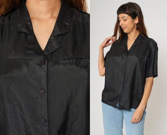 90s Black Polyester Button-Up Blouse Chest Pocket Short Sleeve Large L