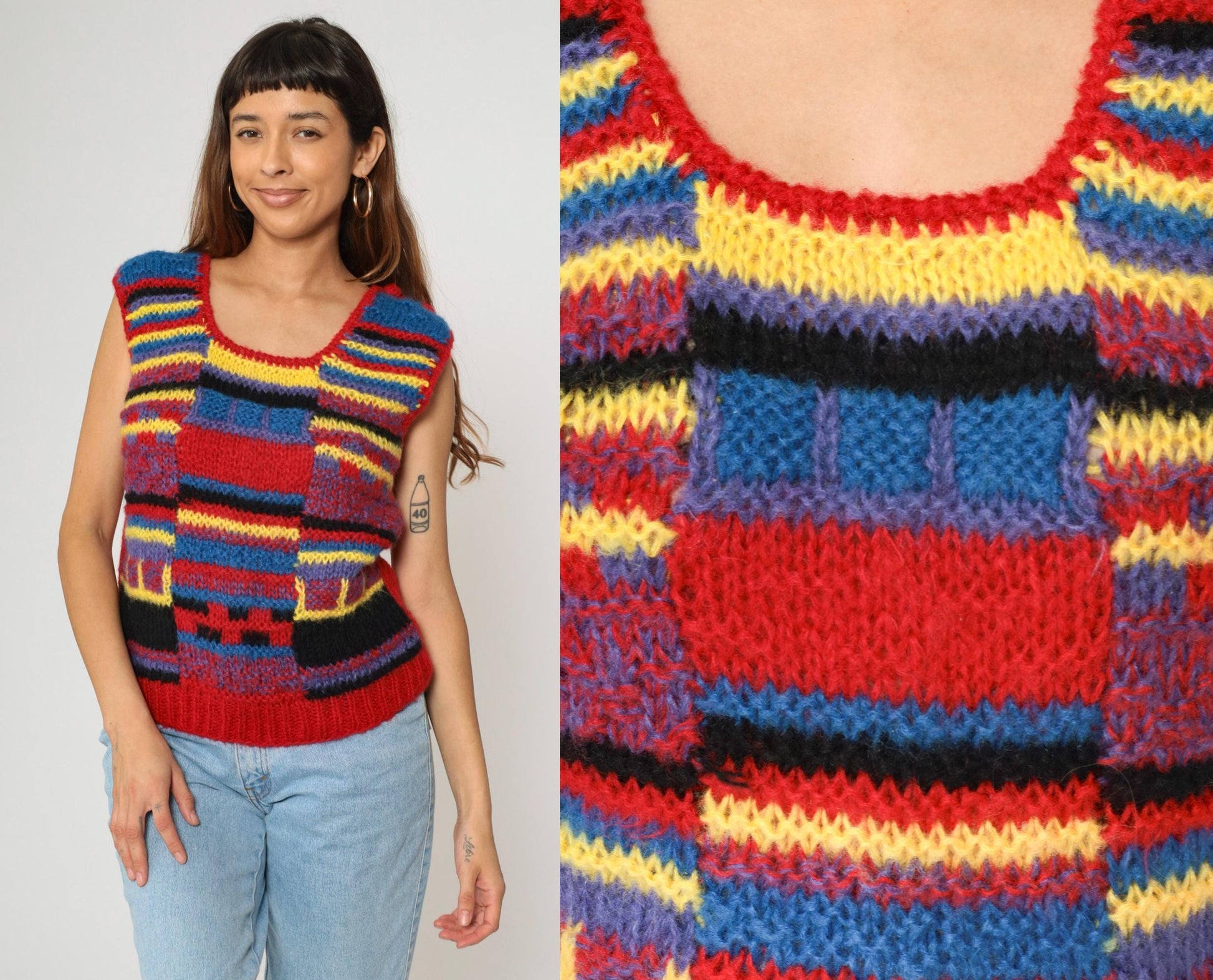 80s Checkered Knit Vest Red Blue Yellow Scoop Neck Sleeveless Small