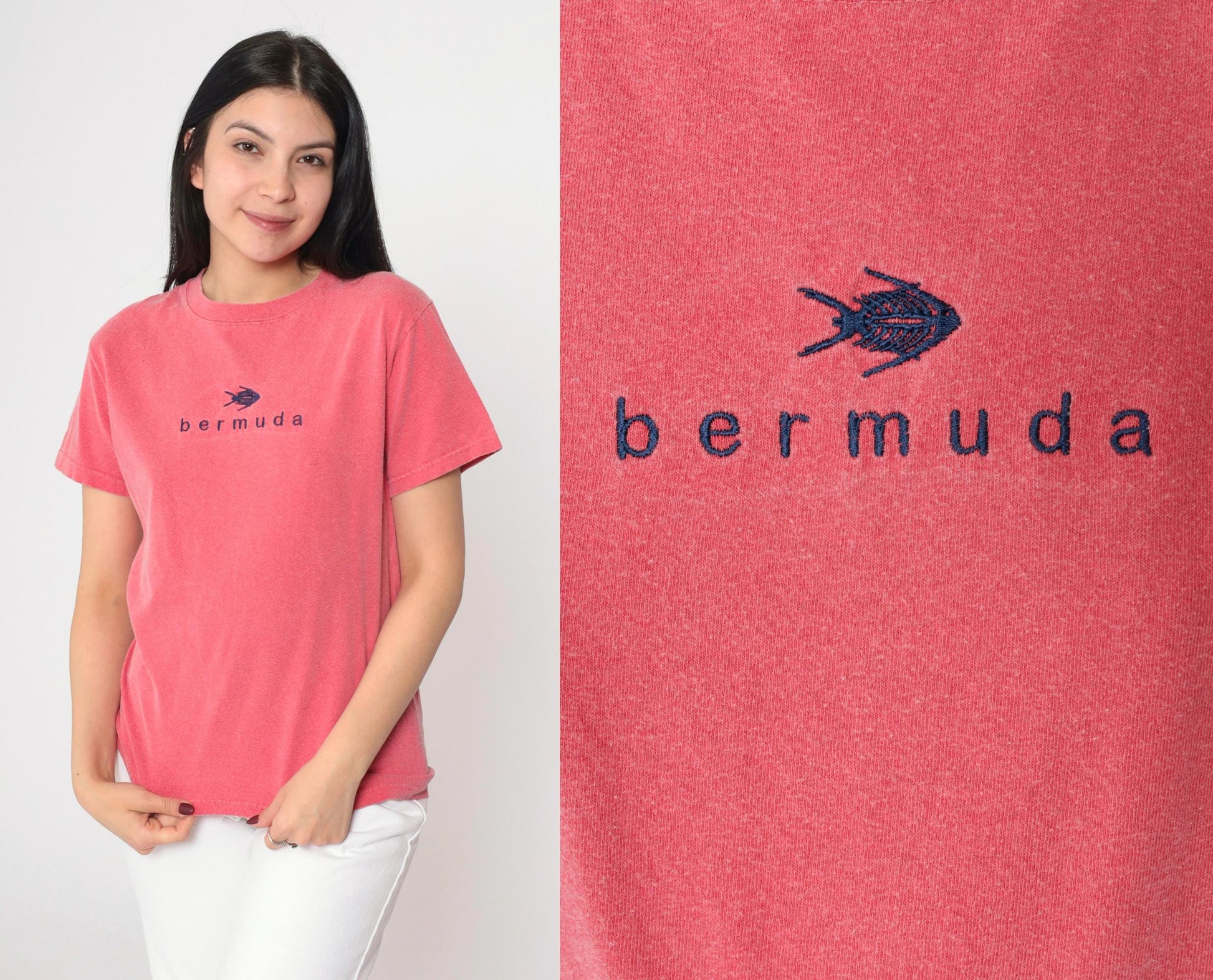 90s Bermuda Island Fish Embroidered T-Shirt Pink Cotton Small S
