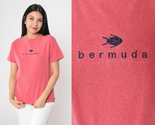 90s Bermuda Island Fish Embroidered T-Shirt Pink Cotton Small S