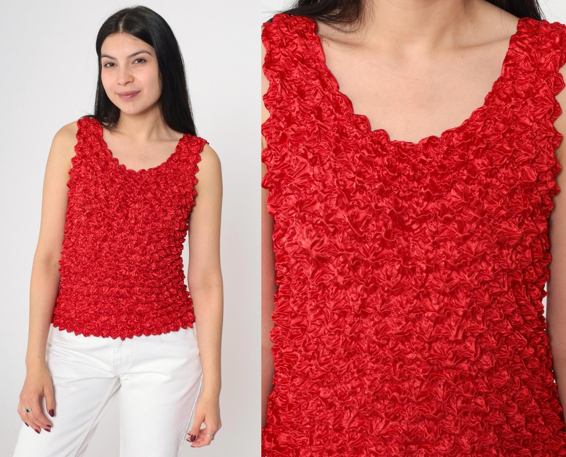 Y2K Red Popcorn Texture Tank Top Stretchy Sleeveless Blouse Small Medium Large