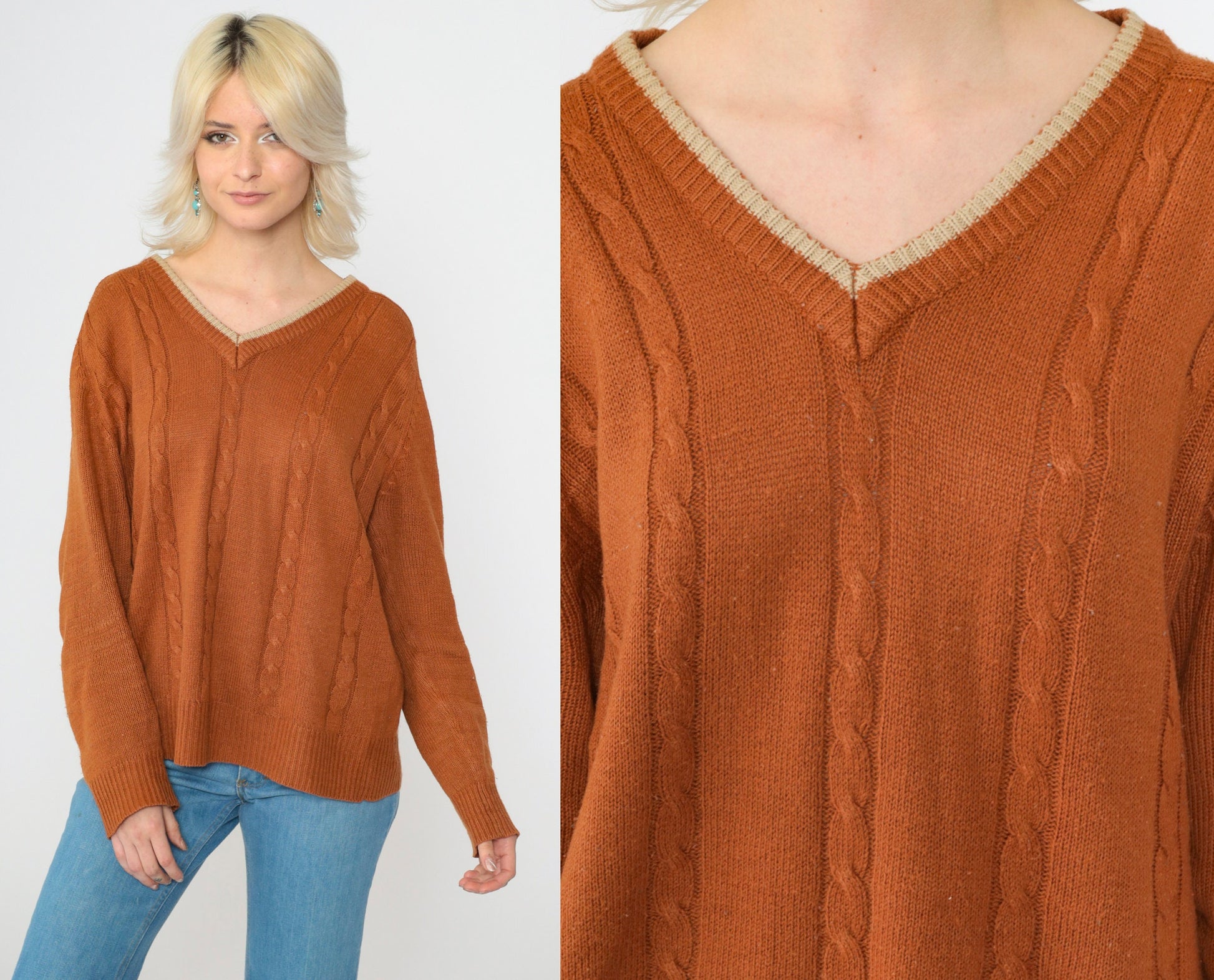 70s Van Cortt Cable Knit V-Neck Sweater Burnt Orange Pullover Large