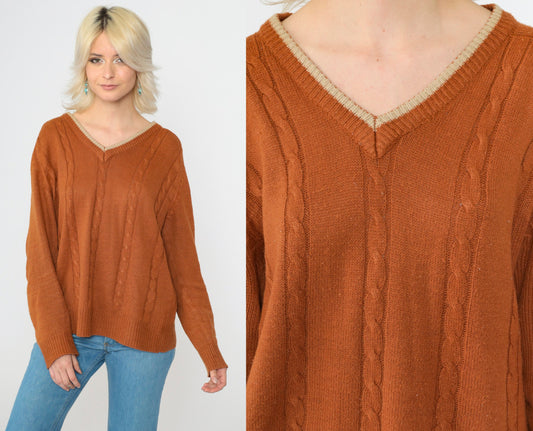 70s Van Cortt Cable Knit V-Neck Sweater Burnt Orange Pullover Large