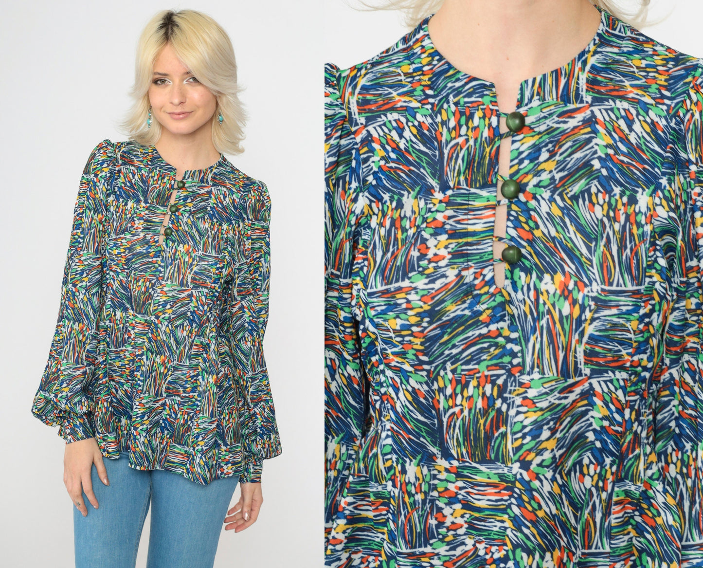 70s Blue Abstract Floral Puff Sleeve Button Up Blouse Small