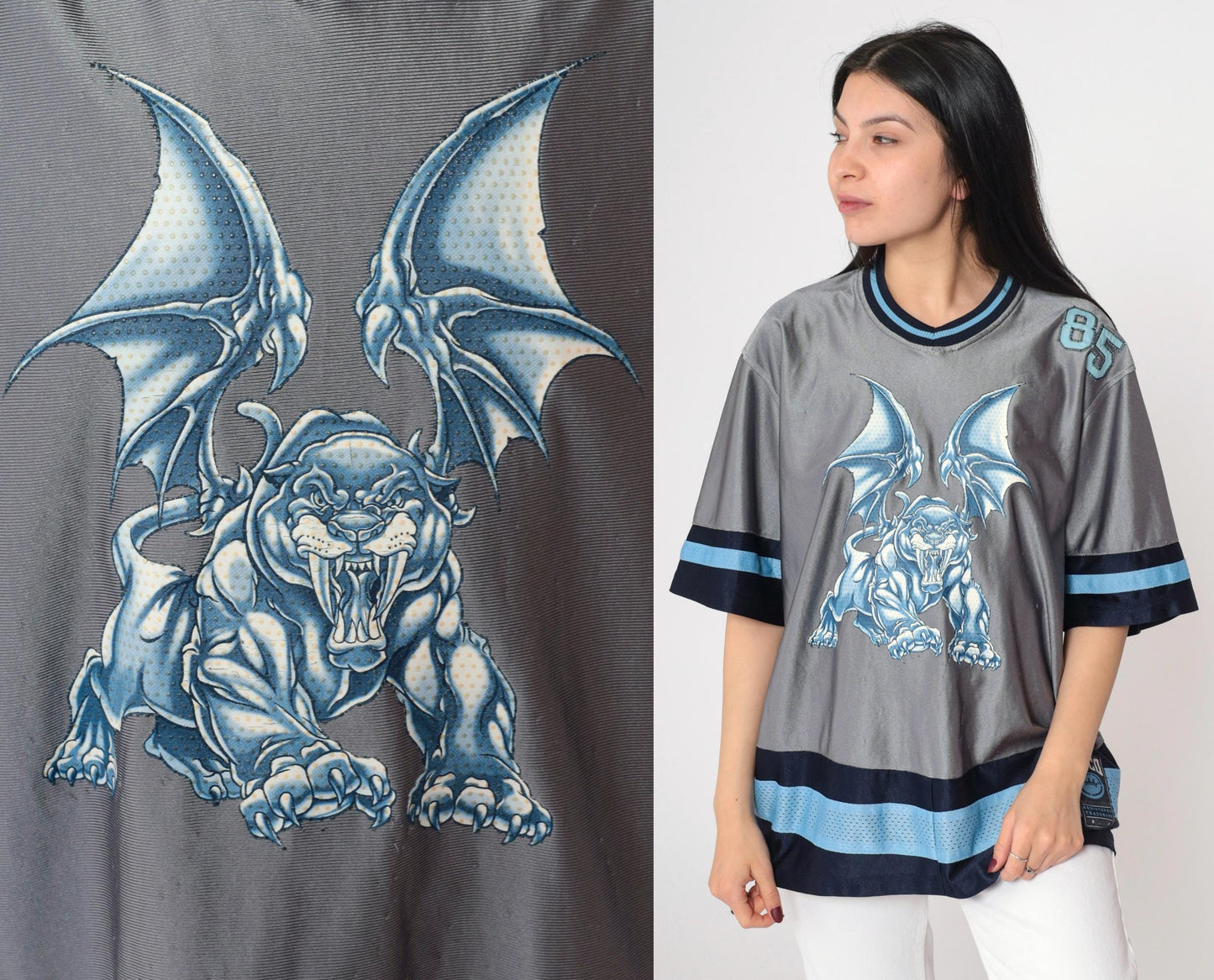 Y2K JNCO Winged Sabertooth Gargoyle Jersey Grey Blue V-Neck Small S