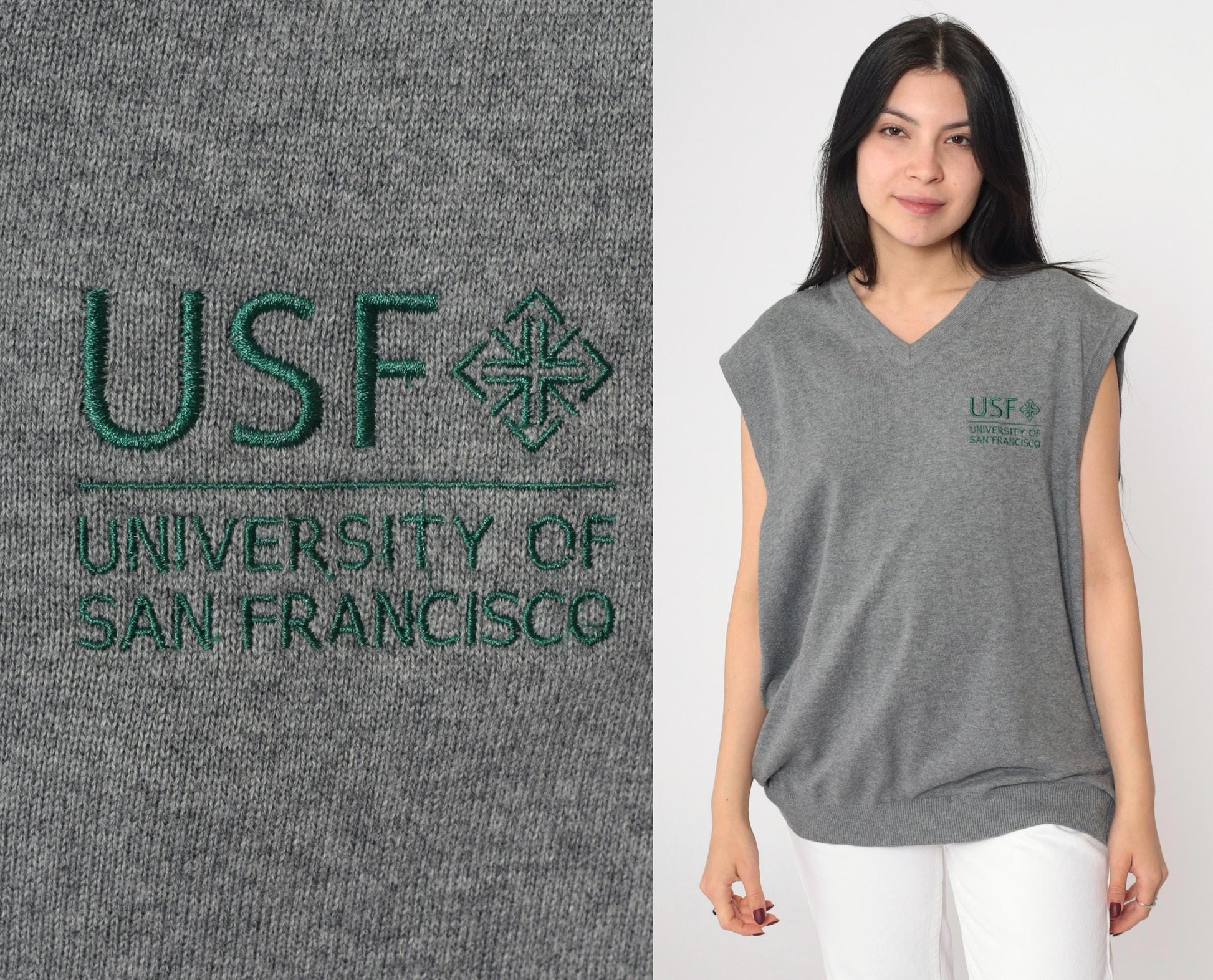 00s USF University of San Francisco Grey Knit Vest Pullover Large L