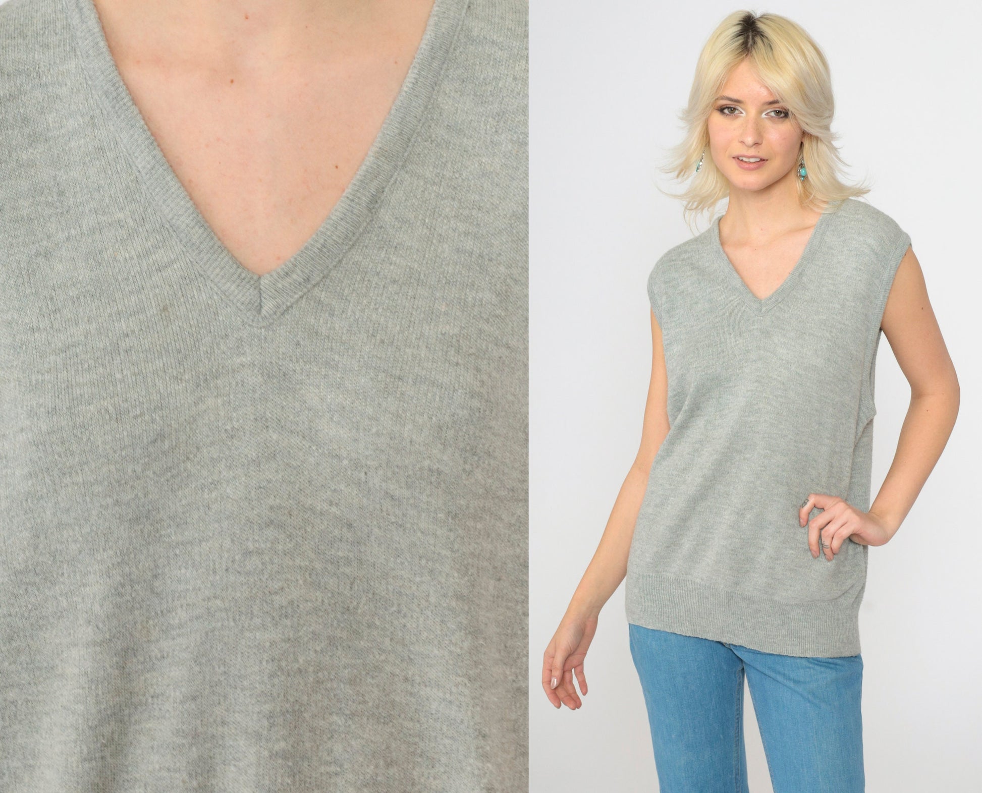 80s Grey V-Neck Sweater Vest Knit Tank Sleeveless Large