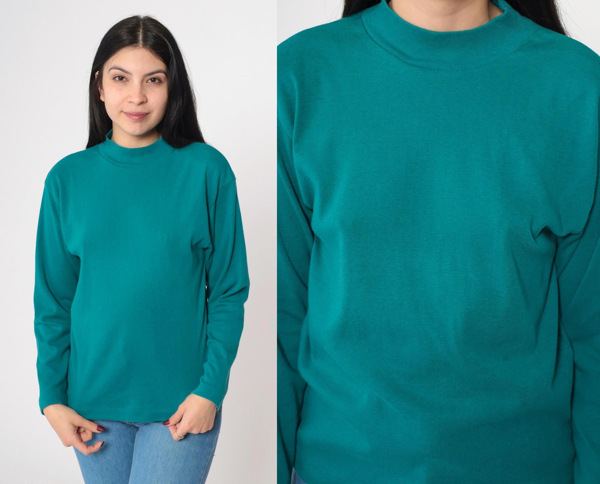 90s Teal Mock Neck Long Sleeve T-Shirt Small S