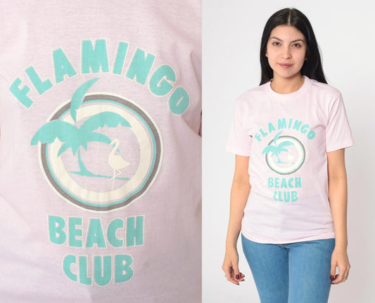 80s Pink Flamingo Beach Club Graphic Tee Single Stitch Crewneck Extra Small