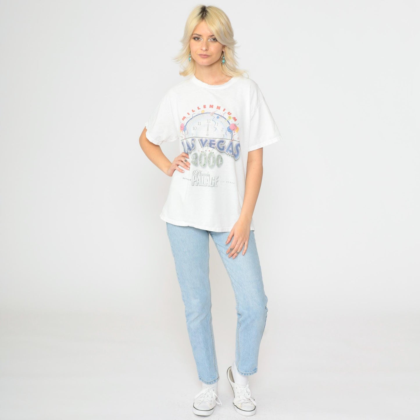 Y2K Las Vegas Nevada Palace Millennium Graphic Tee Distressed Cotton Medium