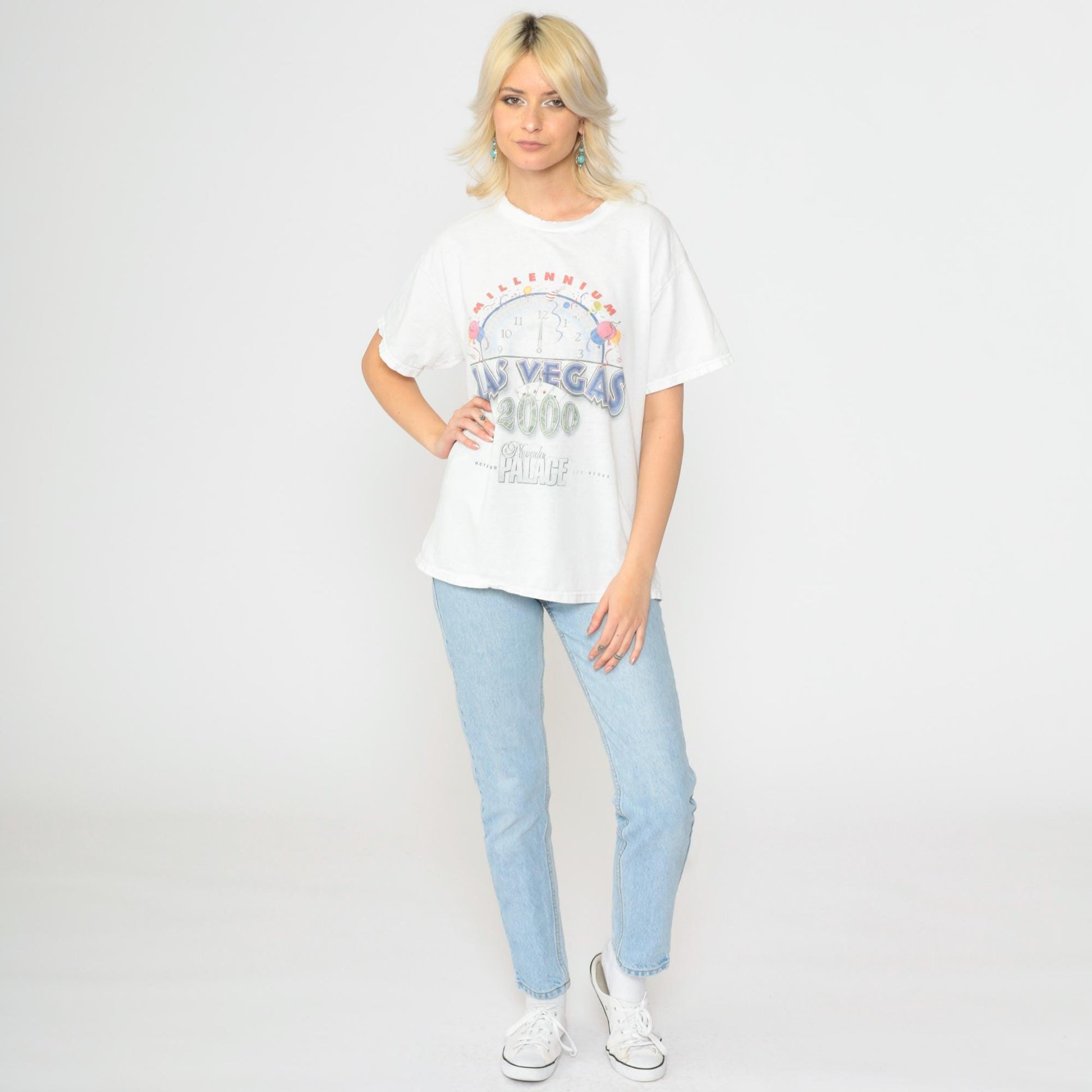 Y2K Las Vegas Nevada Palace Millennium Graphic Tee Distressed Cotton Medium