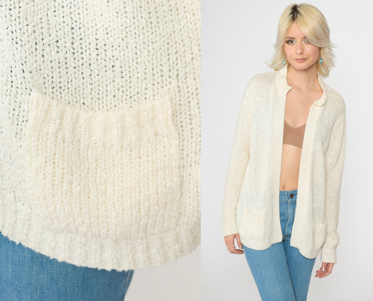 70s Le Roy Knitwear Cream Cardigan Knit Sweater Open Front Pockets Large L
