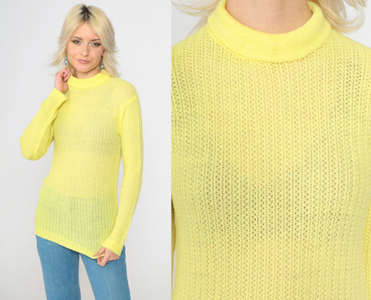 70s Yellow Sheer Turtleneck Sweater Cotton Knit Rear Zip Small