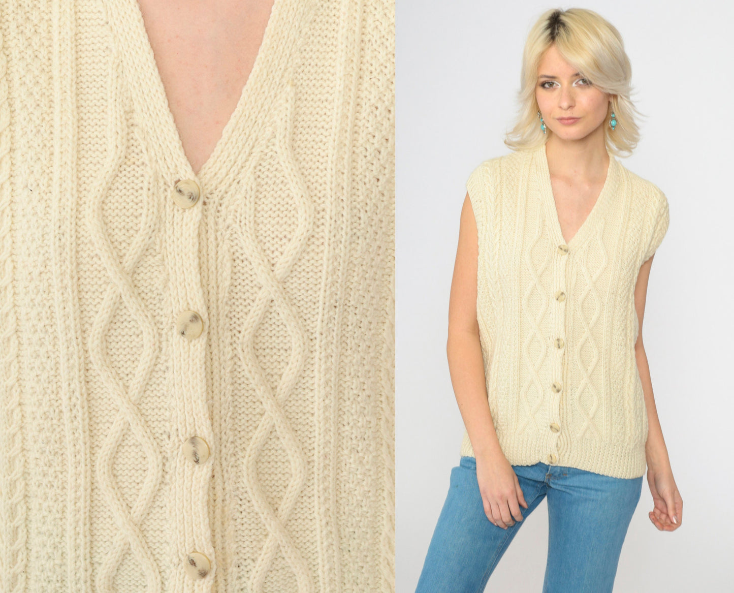 70s Cream Cable Knit Sweater Vest V Neck Button Front Wool Blend Small