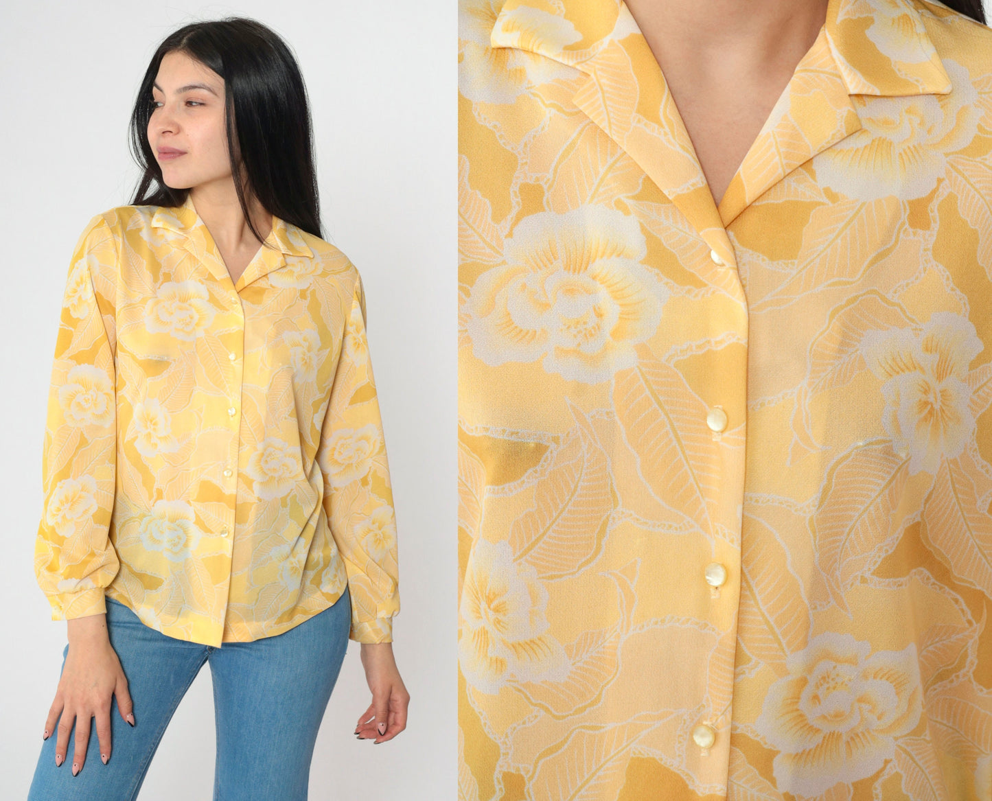 70s Floral Button-Up Shirt Yellow Flower Print Long Sleeve Medium
