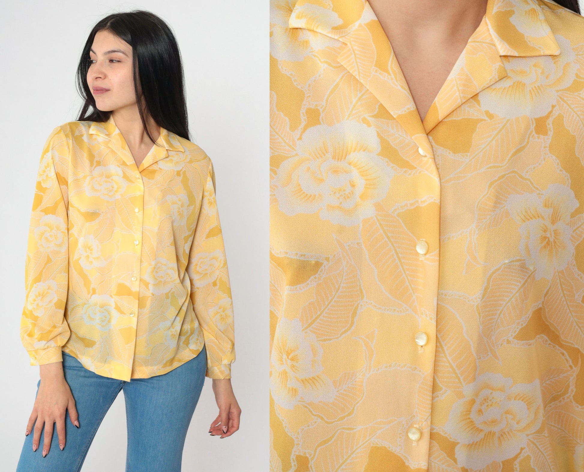 70s Floral Button-Up Shirt Yellow Flower Print Long Sleeve Medium