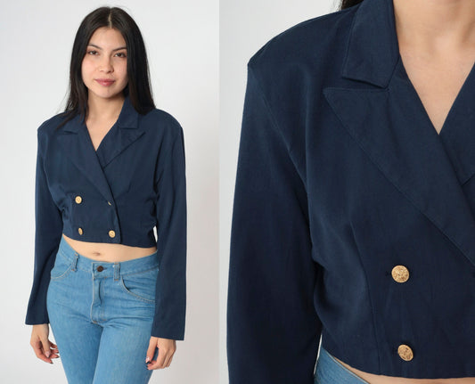 90s Navy Cropped Blazer Double-Breasted Gold Buttons Long Sleeve Small