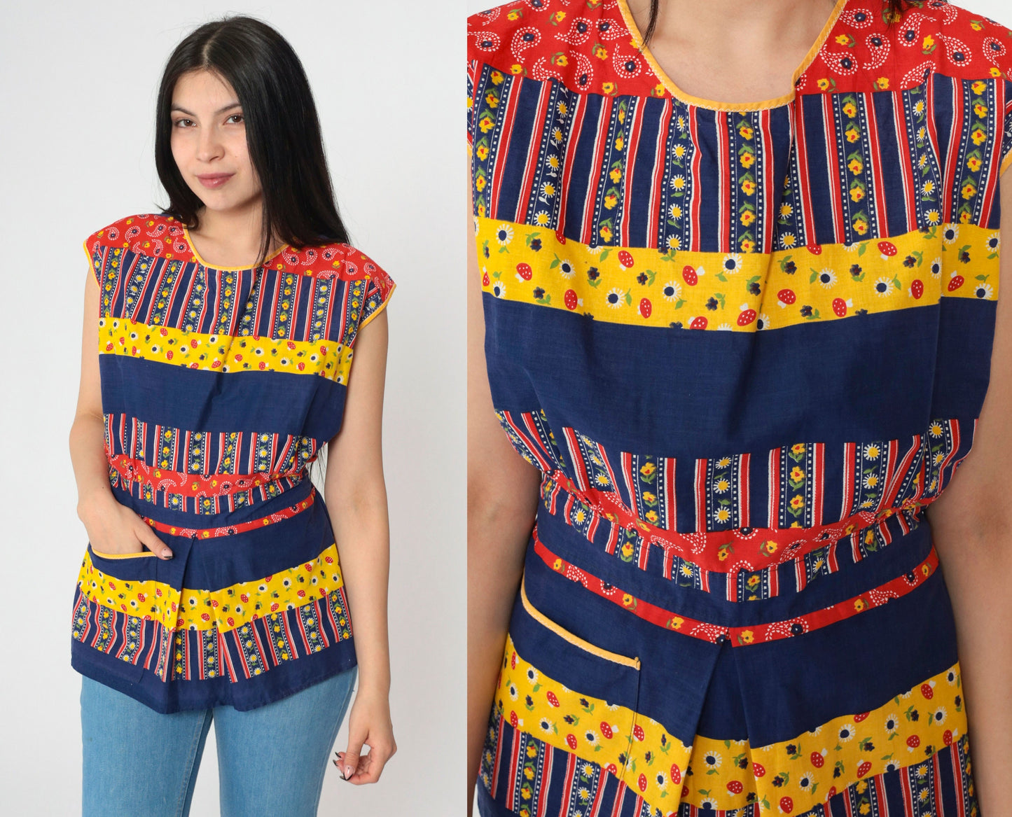 70s Patchwork Sleeveless Tunic Blouse Open Back Belted Yellow Navy Medium