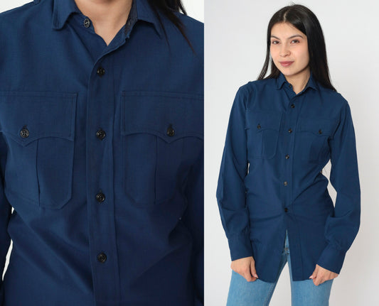 70s Wide Awake Navy Wool Blend Work Shirt Long Sleeve Button-Up XS