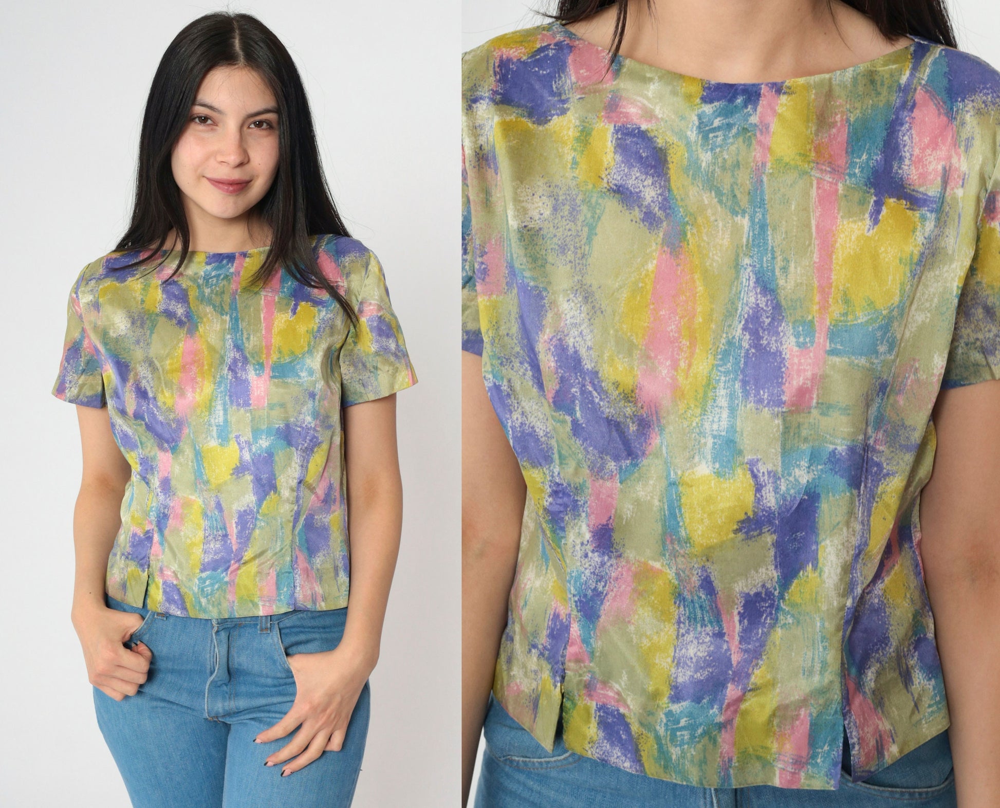 60s Judy Bond Abstract Brushstroke Blouse Multicolor Button Back Small