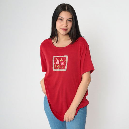 Y2K Floral Embroidered T-Shirt Red Graphic Tee Short Sleeve Extra Large XL