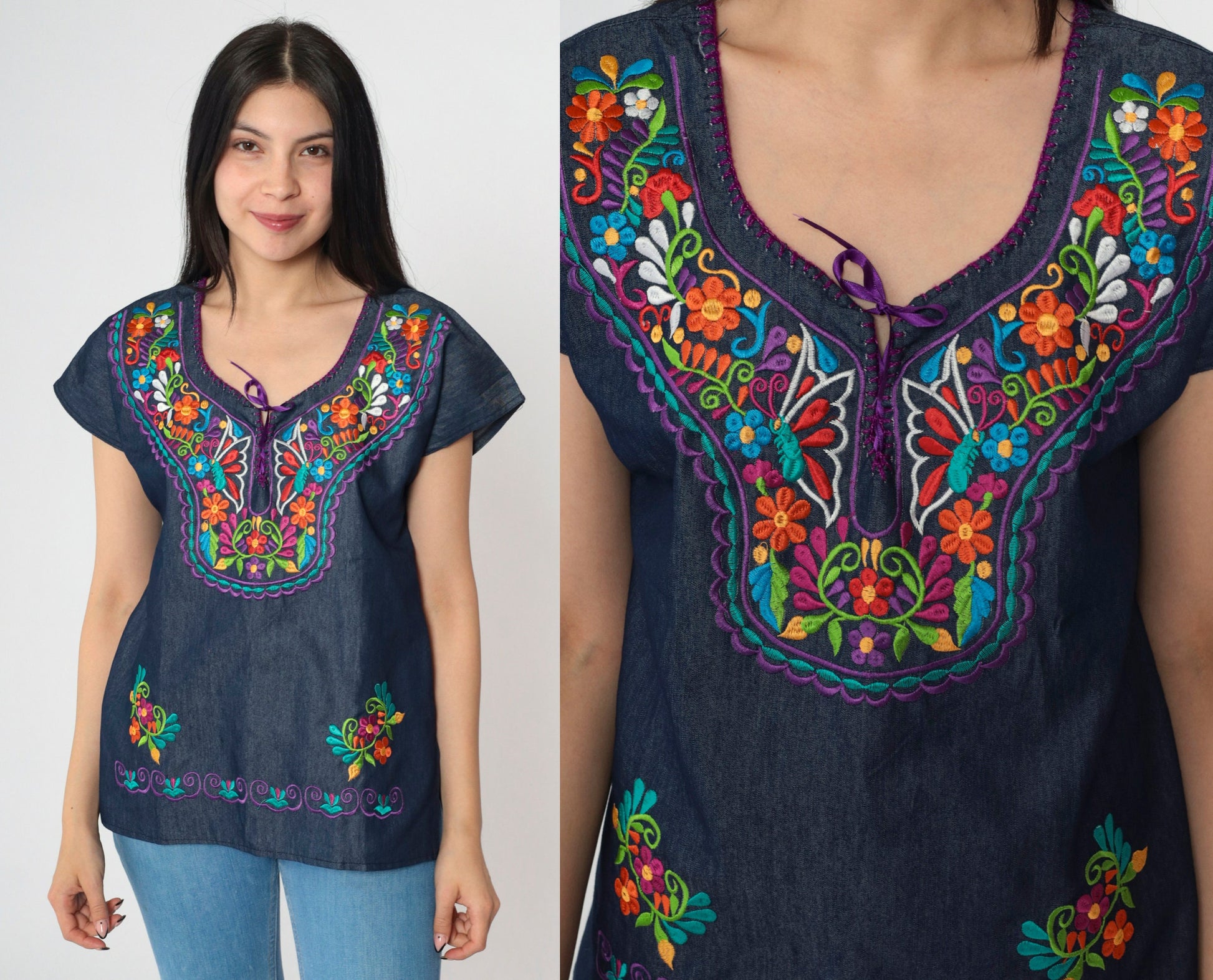 Y2K Chambray Embroidered Butterfly Floral Lace-Up Top Dark Blue Small