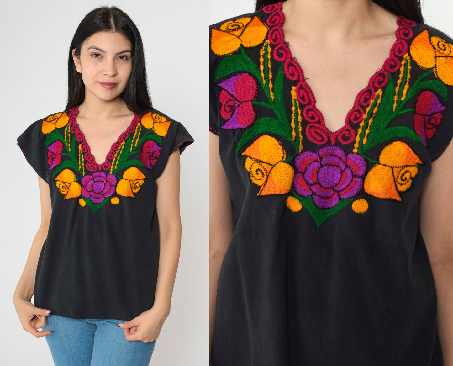 90s Mexican Floral Embroidered Blouse Black Short Sleeve Medium