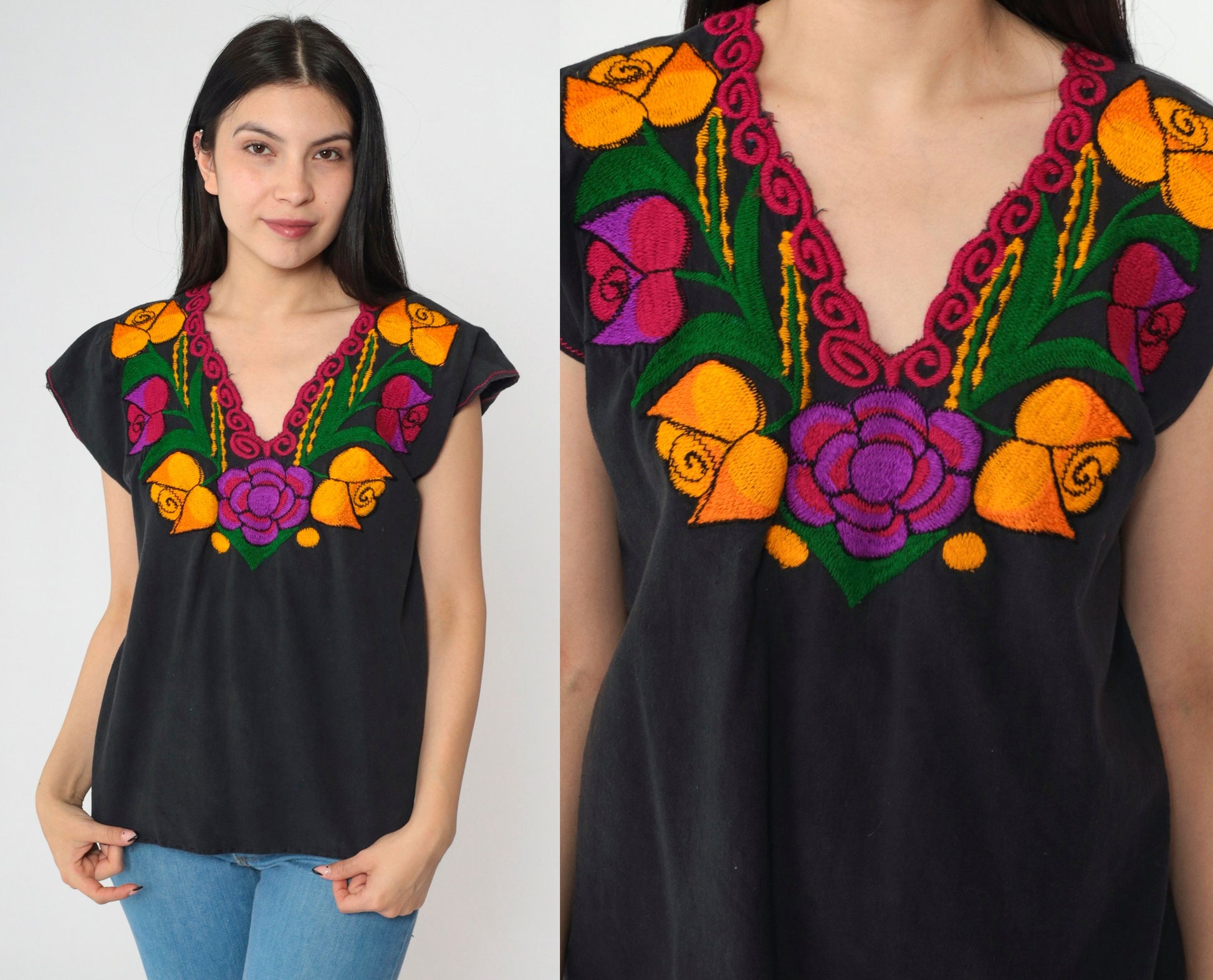 90s Mexican Floral Embroidered Blouse Black Short Sleeve Medium