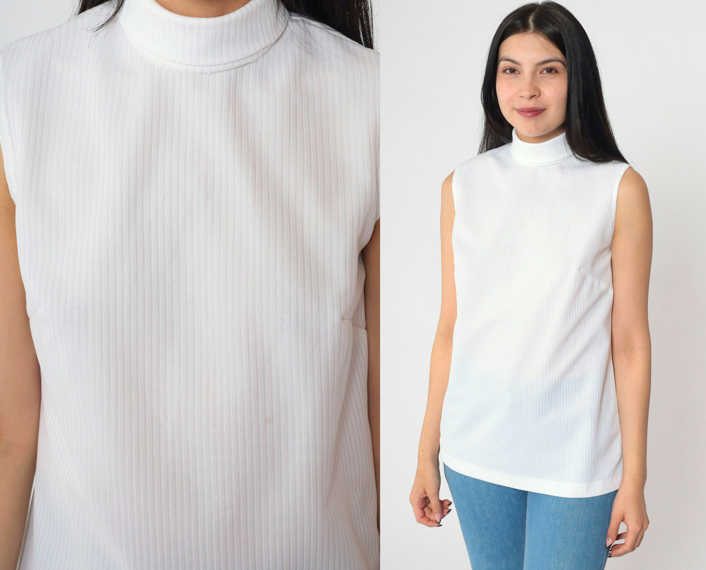 70s White Ribbed Polyester Sleeveless Turtleneck Tank Small