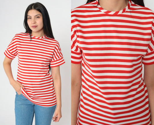70s Jonathan Logan Striped Blouse Red White Short Sleeve Rear Zip Small