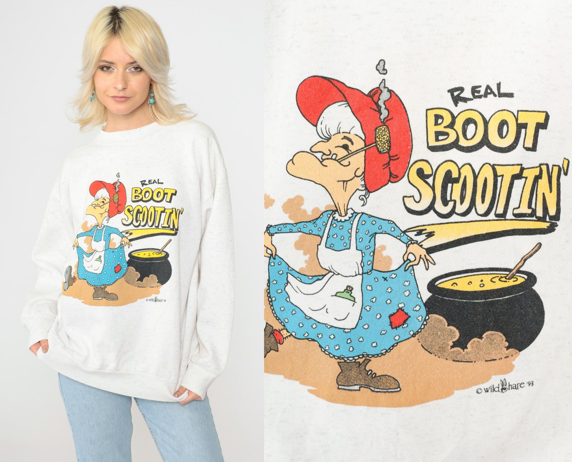 90s Wild Hare Boot Scootin' Granny Graphic Sweatshirt Grey Medium Large