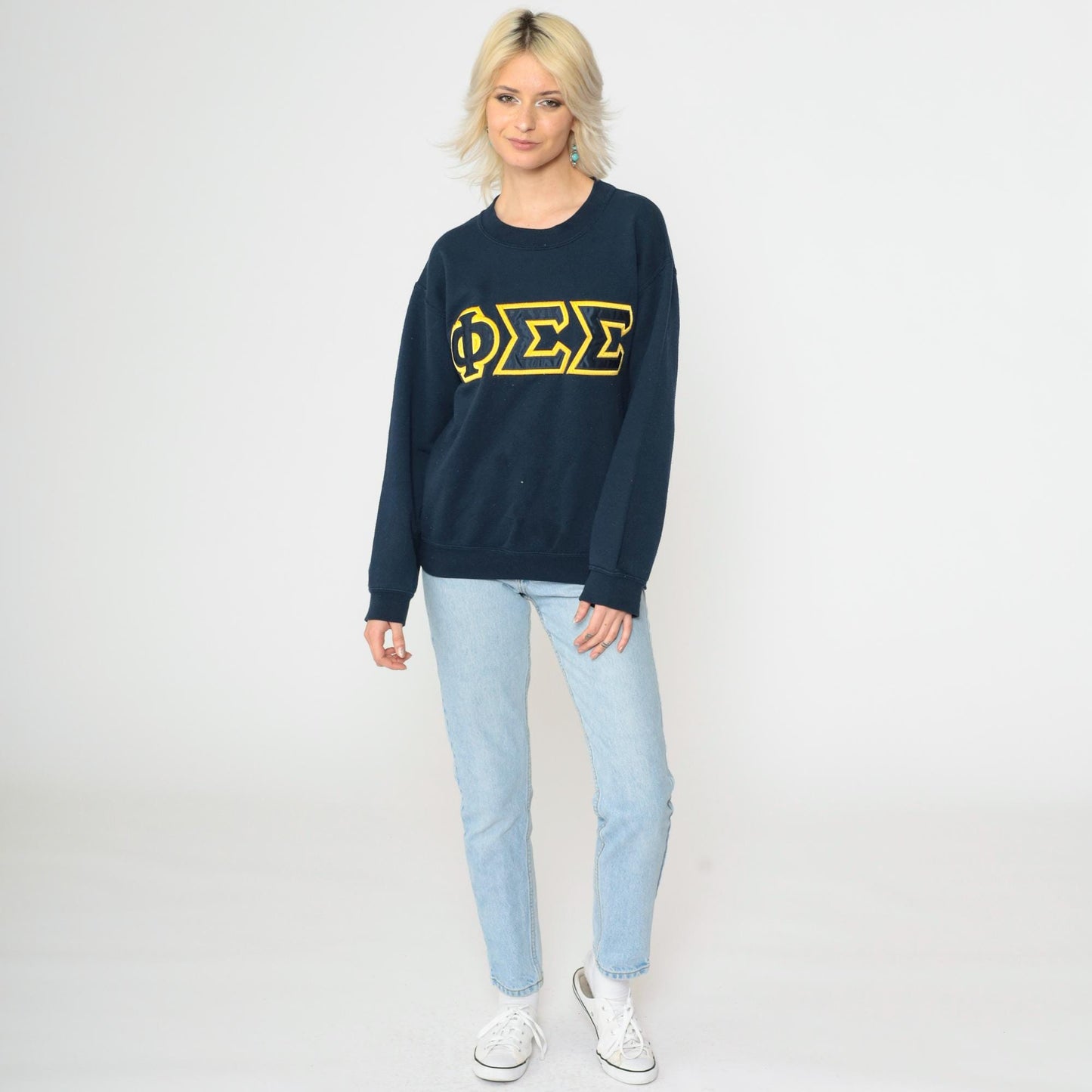 90s Phi Sigma Sigma Sorority Sweatshirt Navy Gold Greek Letters Small