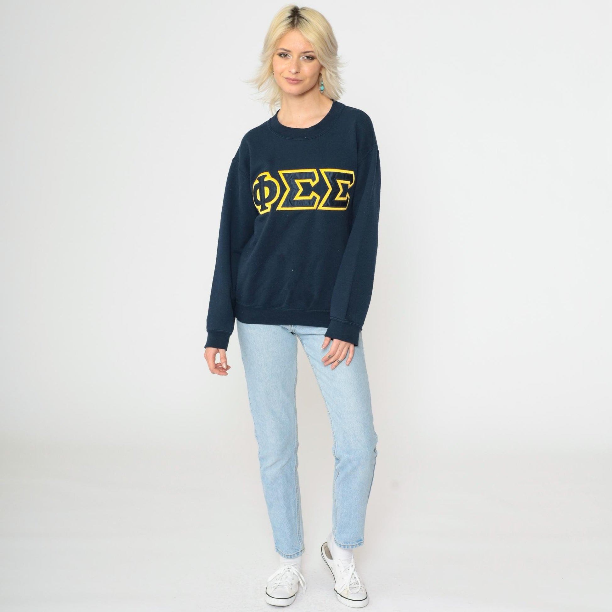 90s Phi Sigma Sigma Sorority Sweatshirt Navy Gold Greek Letters Small