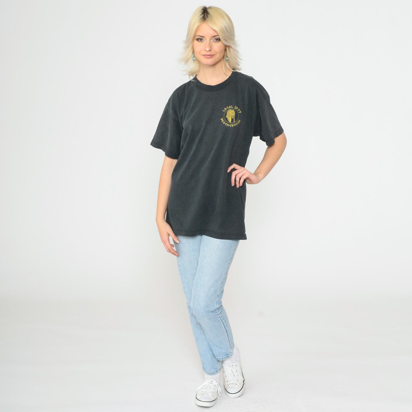 90s Carpenter T-Shirt Spartan Helmet Labor Omnia Vincit Gold Charcoal Large L