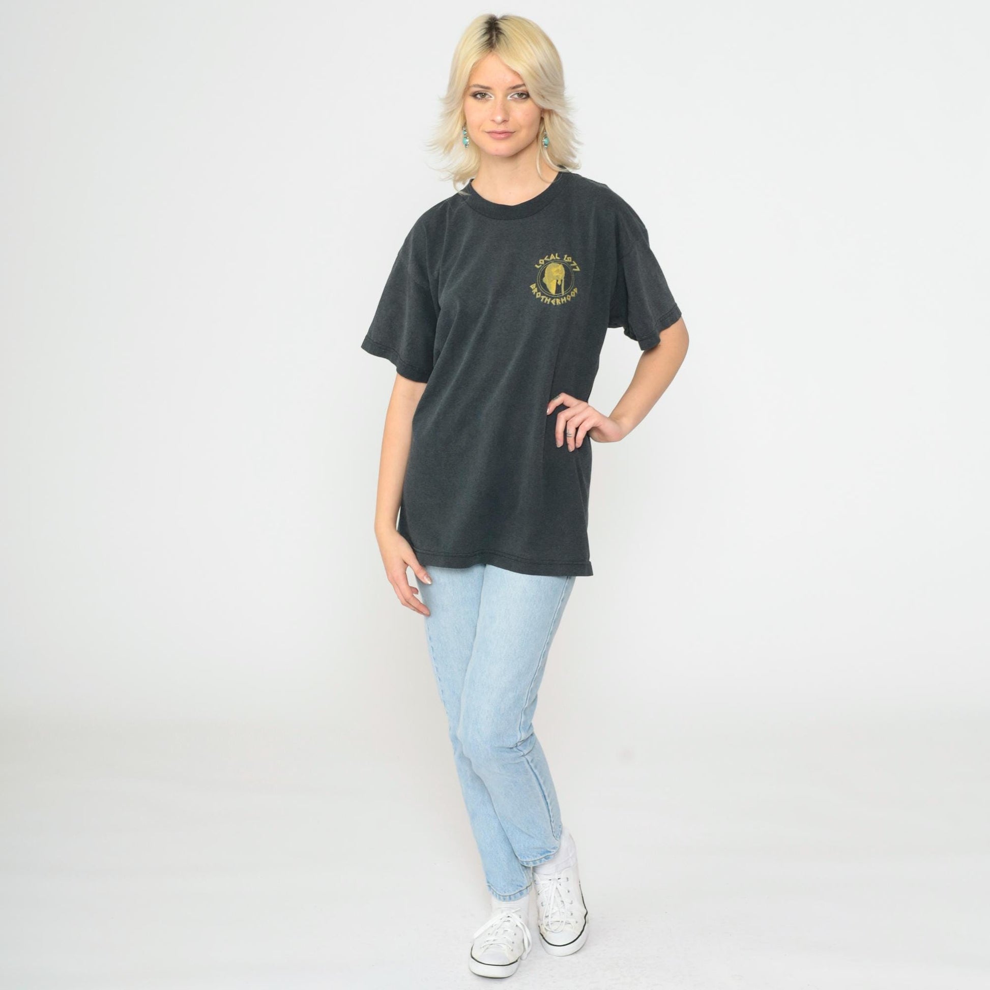 90s Carpenter T-Shirt Spartan Helmet Labor Omnia Vincit Gold Charcoal Large L
