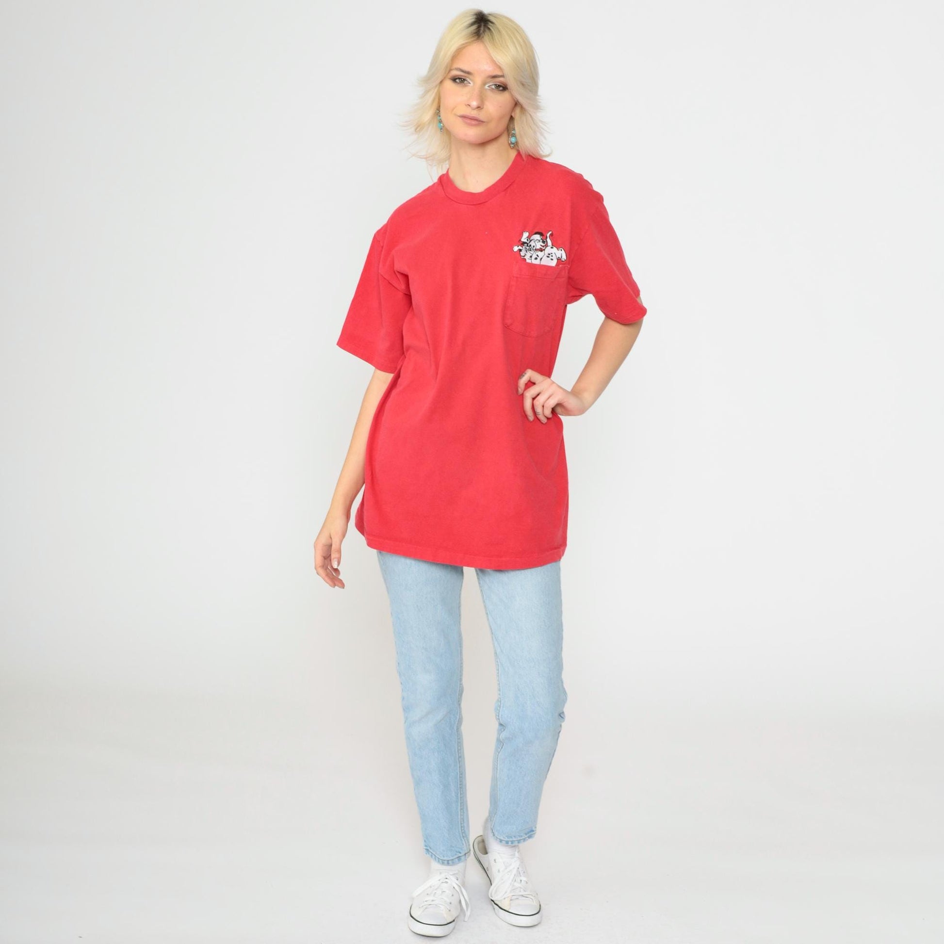90s Disney Store 101 Dalmatians Red Graphic T-Shirt Pocket Tee Medium
