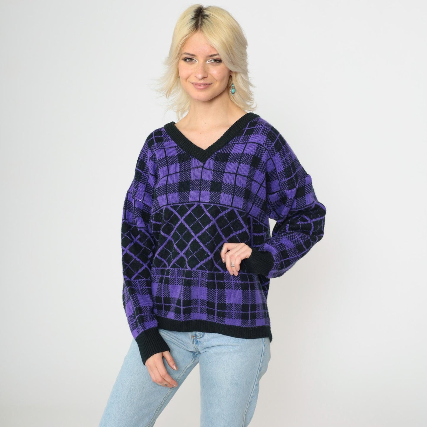 90s Purple Black Checkered Sweater V Neck Knit Pullover Plus Size XXL