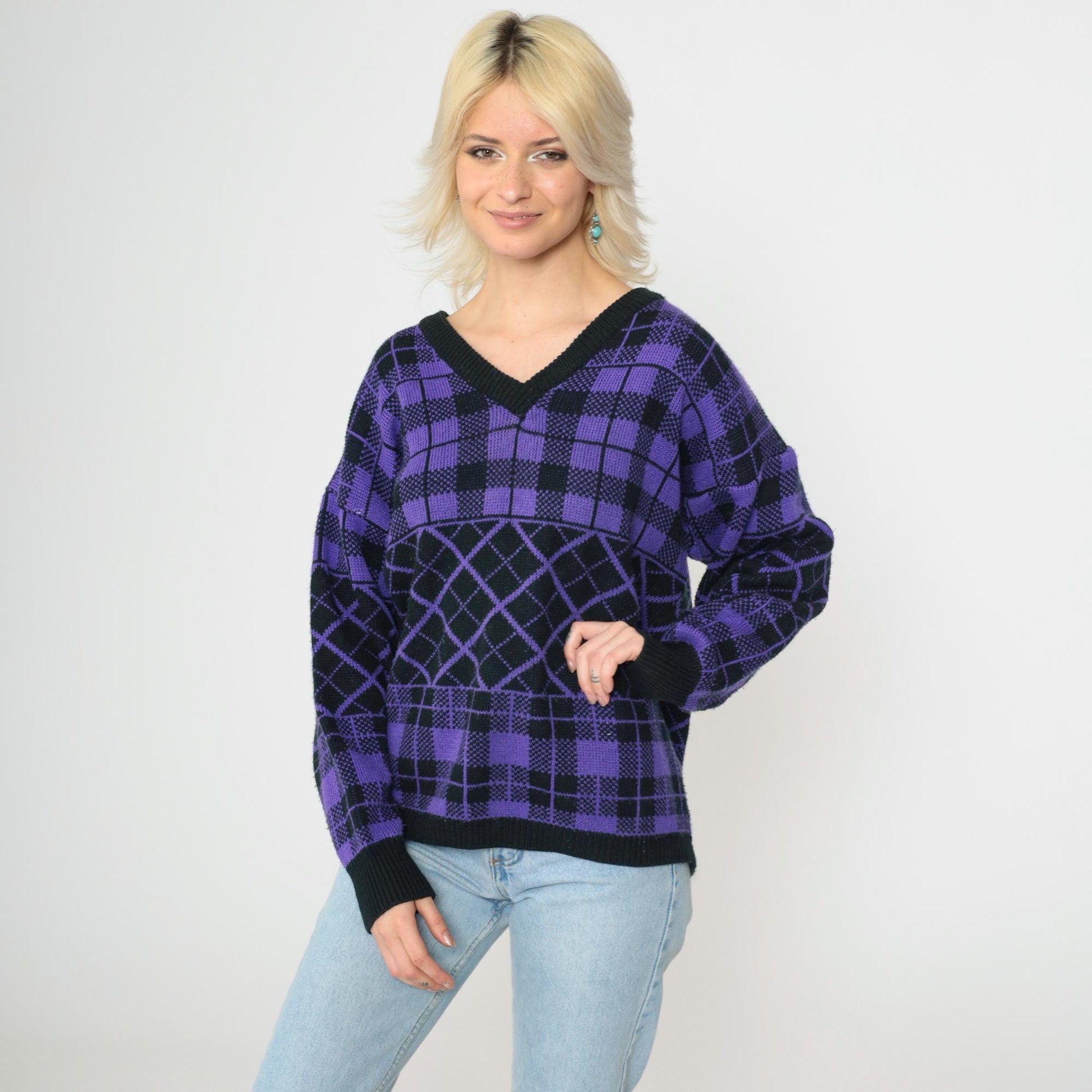 90s Purple Black Checkered Sweater V Neck Knit Pullover Plus Size XXL