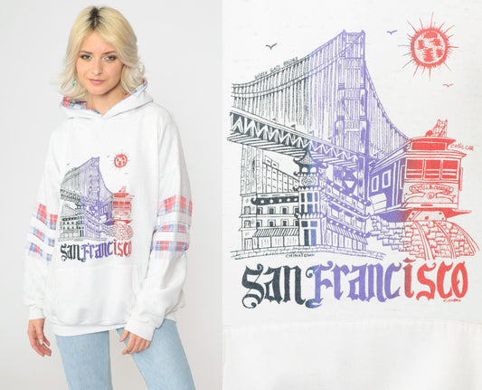 90s San Francisco Chinatown Golden Gate Bridge Hoodie Heather White Extra Large