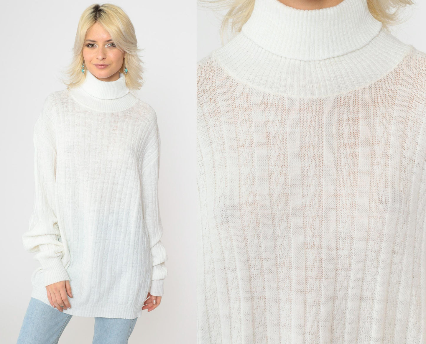 80s White Cable Knit Turtleneck Sweater Pullover Extra Large Long