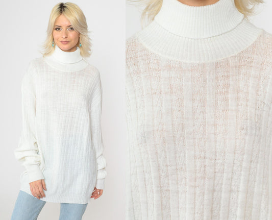 80s White Cable Knit Turtleneck Sweater Pullover Extra Large Long