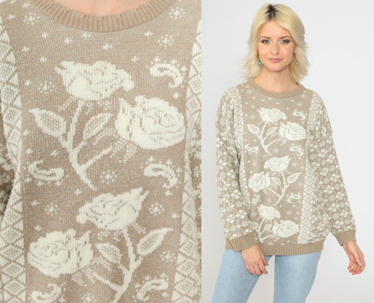 80s Metallic Floral Geometric Knit Sweater Taupe Medium M
