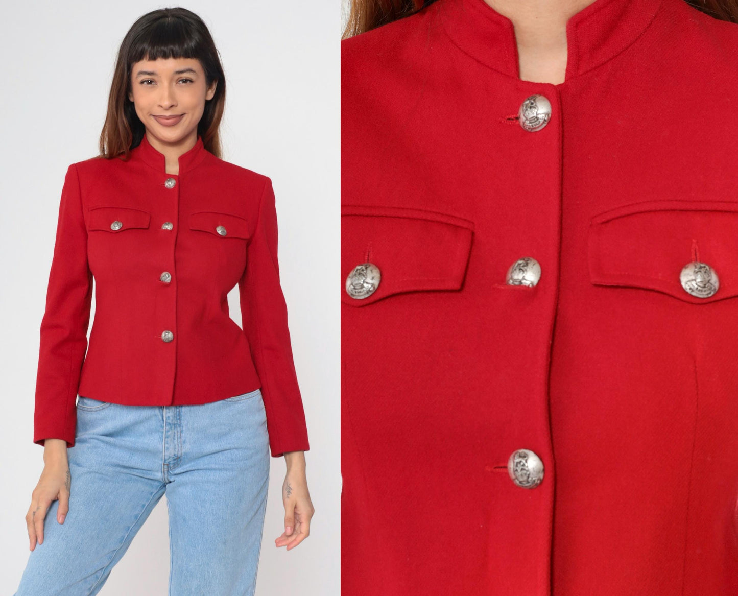 90s Red Wool Blazer Mandarin Collar Tailored Jacket Extra Small