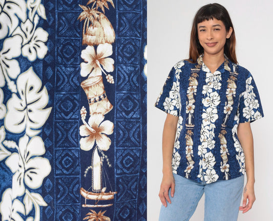 90s RJC Hawaiian Shirt Blue Tropical Floral Hibiscus Aloha Small