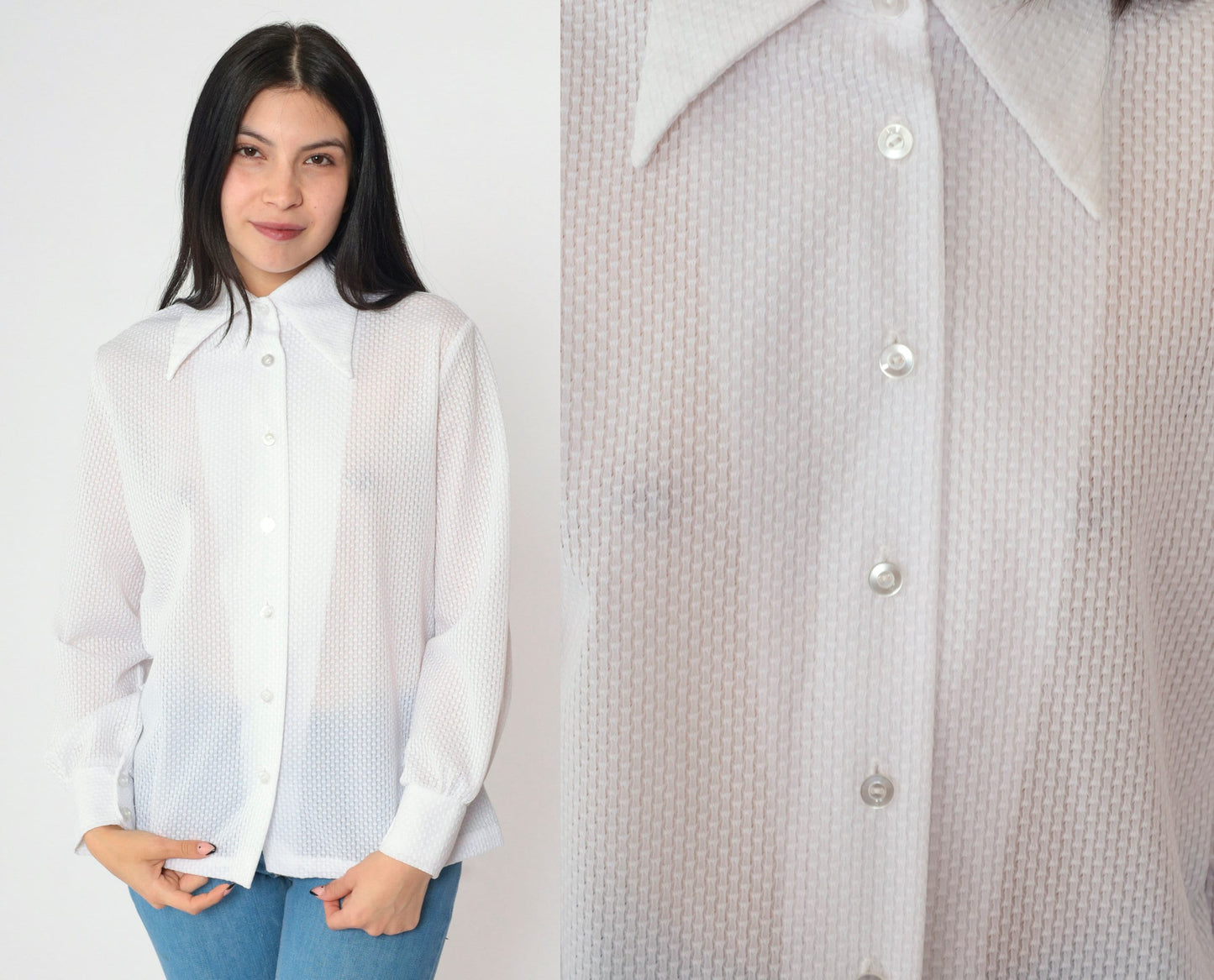 70s White Textured Disco Collar Button-Down Blouse Long Sleeve Medium Large