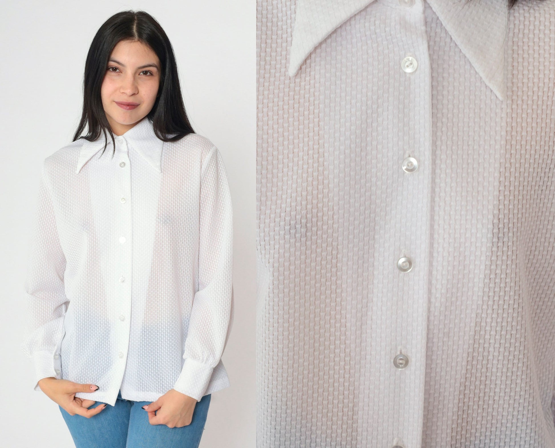 70s White Textured Disco Collar Button-Down Blouse Long Sleeve Medium Large