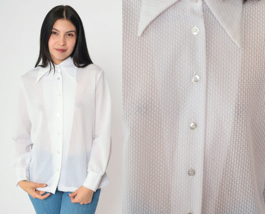 70s White Textured Disco Collar Button-Down Blouse Long Sleeve Medium Large